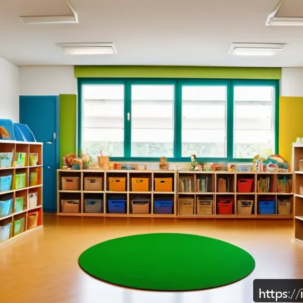 유아교육지도사 강의 준비를 위한 필수 항목 정리 - A bright and colorful early childhood classroom in Italy, featuring well-organized shelves filled wi...