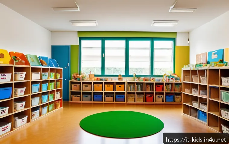 유아교육지도사 강의 준비를 위한 필수 항목 정리 - A bright and colorful early childhood classroom in Italy, featuring well-organized shelves filled wi...