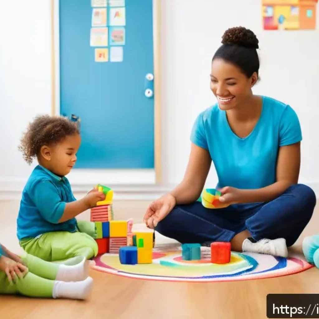 유아교육지도사 이직 후 유의사항 - A professional early childhood educator in a bright, modern classroom setting, engaging warmly with ...