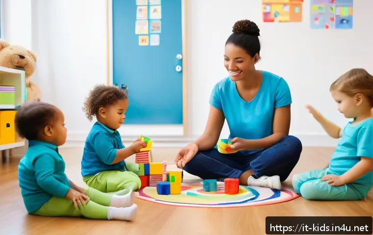 유아교육지도사 이직 후 유의사항 - A professional early childhood educator in a bright, modern classroom setting, engaging warmly with ...