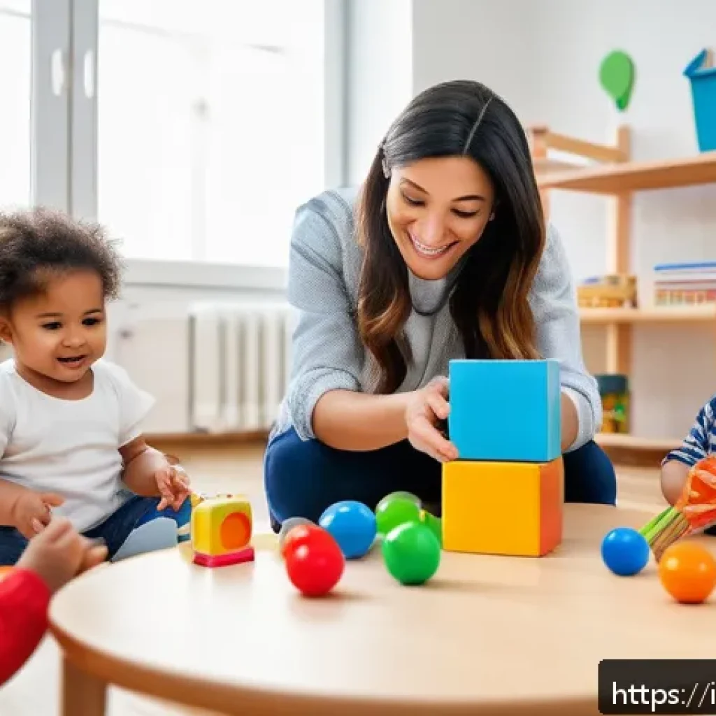 유아교육지도사 채용 공고 분석법 - A professional early childhood educator in a bright, modern Italian nursery classroom, leading a div...