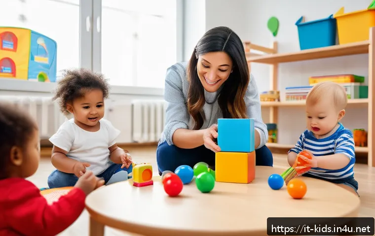 유아교육지도사 채용 공고 분석법 - A professional early childhood educator in a bright, modern Italian nursery classroom, leading a div...