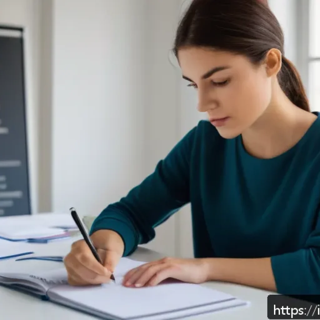 유아교육지도사 실기시험 대비 시간 관리법 - A focused young adult woman seated at a tidy desk in a bright, modern study room, carefully analyzin...