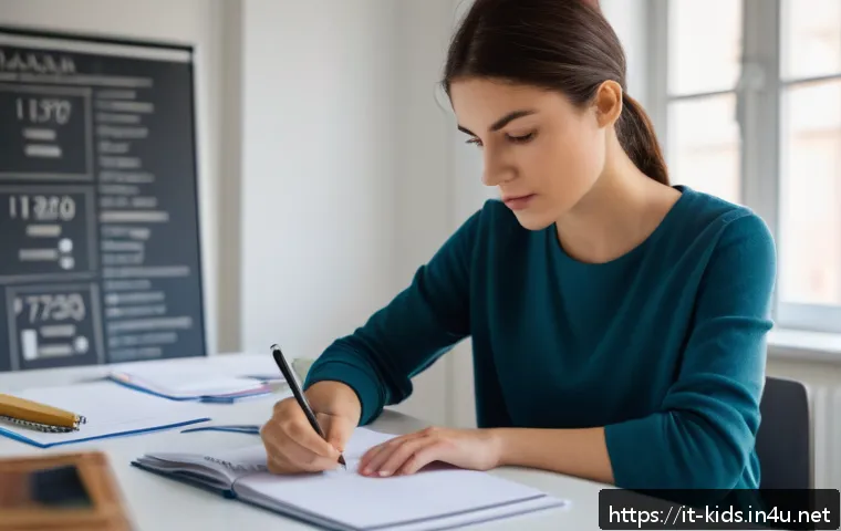 유아교육지도사 실기시험 대비 시간 관리법 - A focused young adult woman seated at a tidy desk in a bright, modern study room, carefully analyzin...