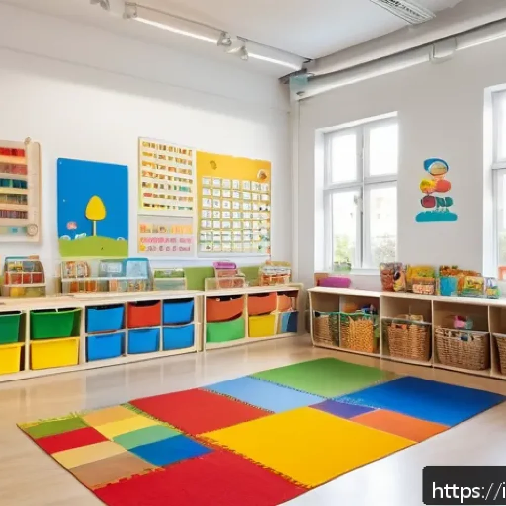 유아교육지도사로서 필요한 교육 자료 정리법 - A bright and inviting preschool classroom divided into clearly defined thematic zones: a colorful ar...