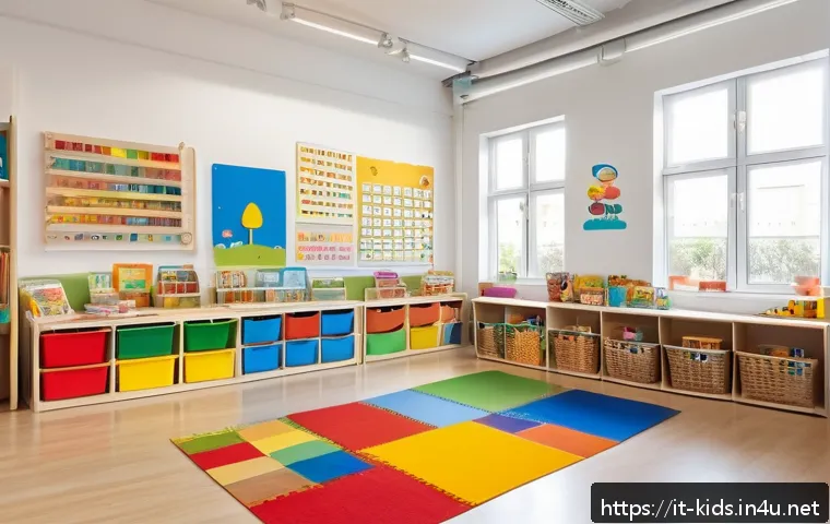 유아교육지도사로서 필요한 교육 자료 정리법 - A bright and inviting preschool classroom divided into clearly defined thematic zones: a colorful ar...