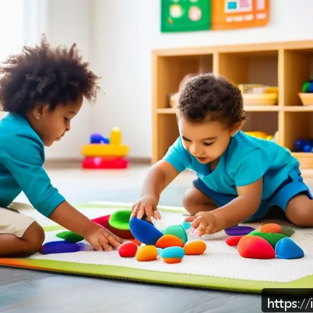 유아교육지도사로서의 교육 목표 설계 사례 - A bright and colorful early childhood classroom filled with various sensory materials such as textur...