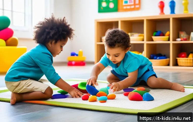 유아교육지도사로서의 교육 목표 설계 사례 - A bright and colorful early childhood classroom filled with various sensory materials such as textur...