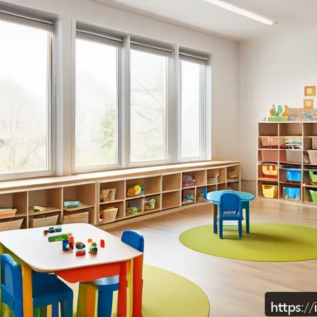 유아교육지도사 신입으로서의 업무 계획 작성법 - A bright and colorful early childhood classroom designed to stimulate curiosity and safety, featurin...
