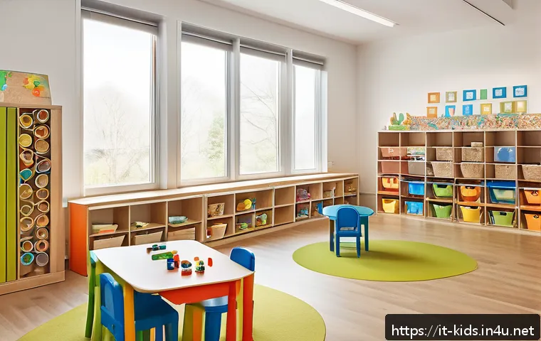 유아교육지도사 신입으로서의 업무 계획 작성법 - A bright and colorful early childhood classroom designed to stimulate curiosity and safety, featurin...