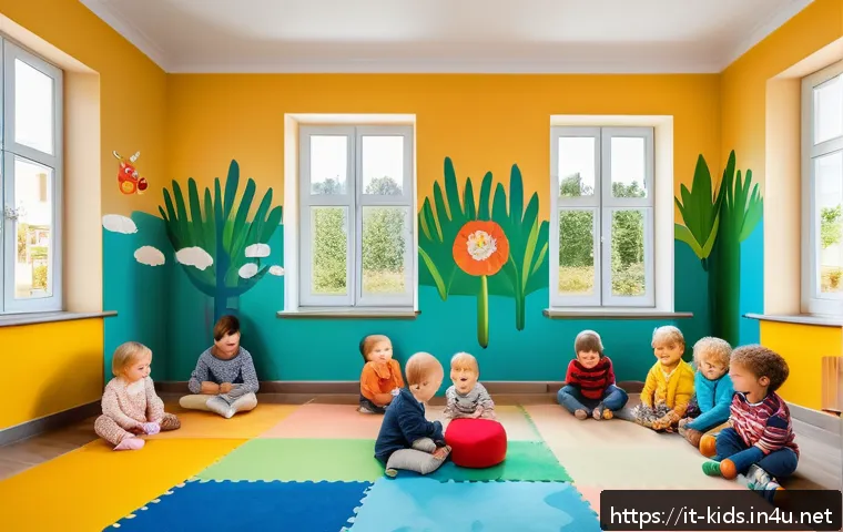 유아교육지도사 자격증 취득 후 추천 근무처 - A warm and inviting nursery classroom scene in Italy, featuring a diverse group of toddlers aged 1-3...
