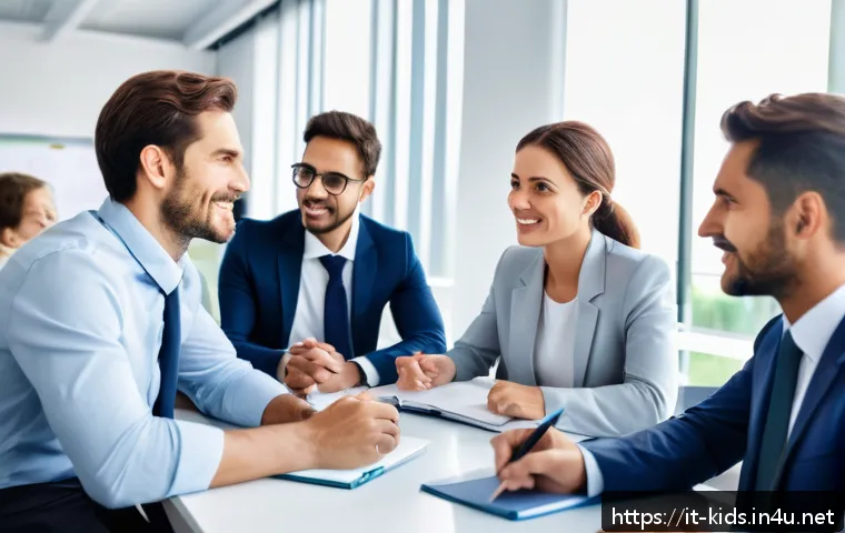 유아교육지도사로서의 직장 내 윤리적 문제 해결법 - A professional office environment depicting a diverse group of colleagues engaged in active listenin...