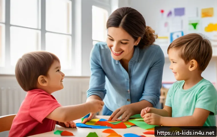 유아교육지도사 실기시험의 자주 나오는 사례 - A calm and professional early childhood educator interacting with a group of young children in a bri...