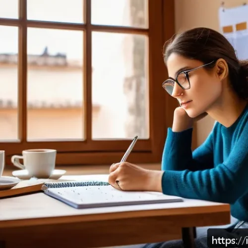 유아교육지도사 자격증 시험 고득점 성공 사례 - A focused young adult woman studying at a modern desk in a cozy Italian-style room with a large wind...