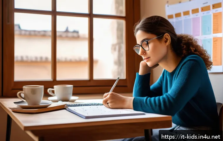 유아교육지도사 자격증 시험 고득점 성공 사례 - A focused young adult woman studying at a modern desk in a cozy Italian-style room with a large wind...
