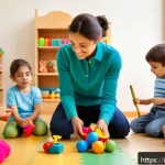 유아교육지도사 자격증 취득 후 첫 직장 선택 사례 - A warm and inviting early childhood education classroom in Italy, featuring a diverse group of young...