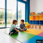 유아교육지도사 강의 준비 가이드 - A bright and colorful early childhood classroom scene in Italy, featuring organized play areas with ...