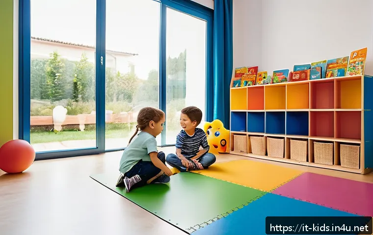유아교육지도사 강의 준비 가이드 - A bright and colorful early childhood classroom scene in Italy, featuring organized play areas with ...