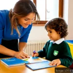 유아교육지도사로서 필요한 법률 지식 - Photorealistic early childhood education mentor in a bright Italian preschool classroom, reviewing c...