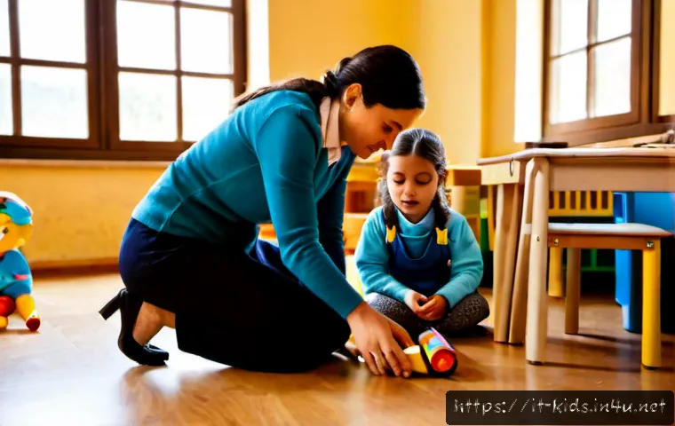 유아교육지도사 실무에서 발생하는 문제점 - Photorealistic Italian nursery classroom during a hectic morning, a stressed female early childhood ...