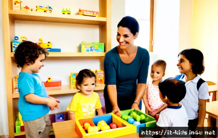 Home 13 유아교육지도사로서의 근무 만족도 높이는 팁 - Photorealistic Italian early childhood educator in a bright, welcoming preschool classroom, smiling ...